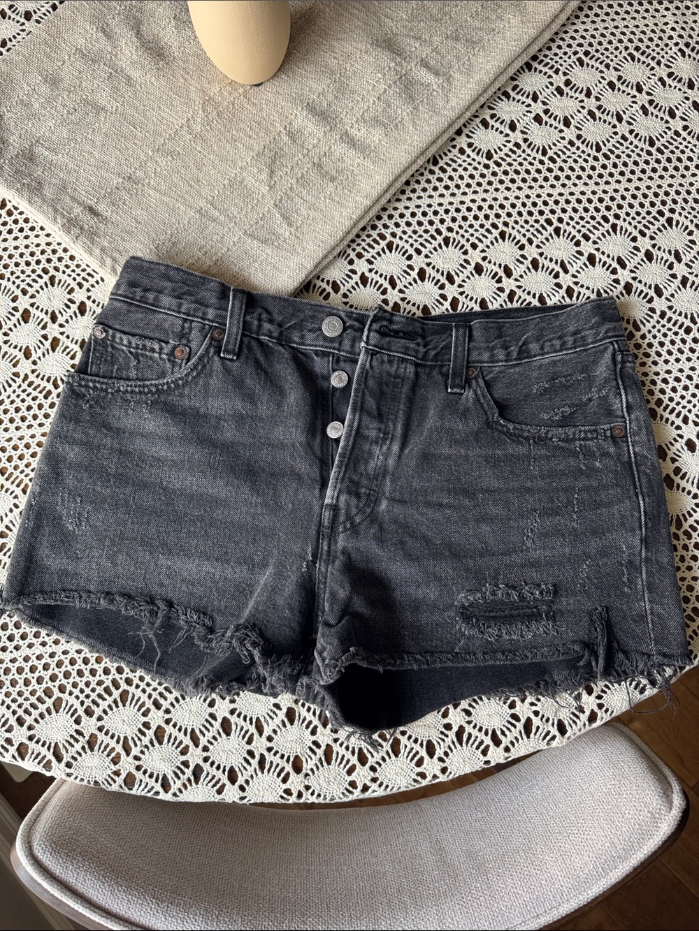 Levi's 501 distressed black shorts